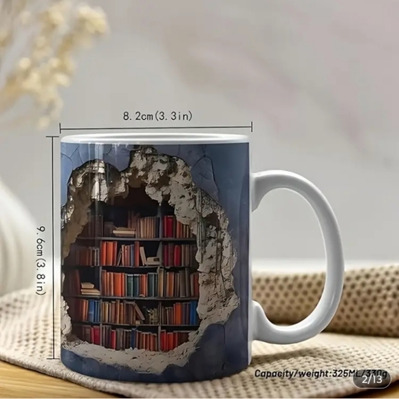 Library Books Pattern Ceramic Mug - Multicolor Bookcase Design - Picture 2 of 4
